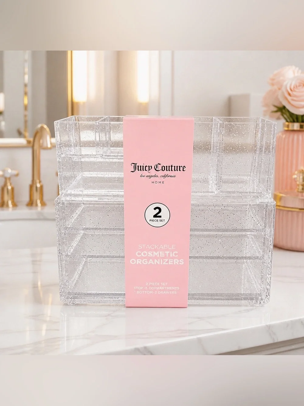Juicy Couture Stackable Cosmetic Organizer 2 Piece Clear Glitter Set